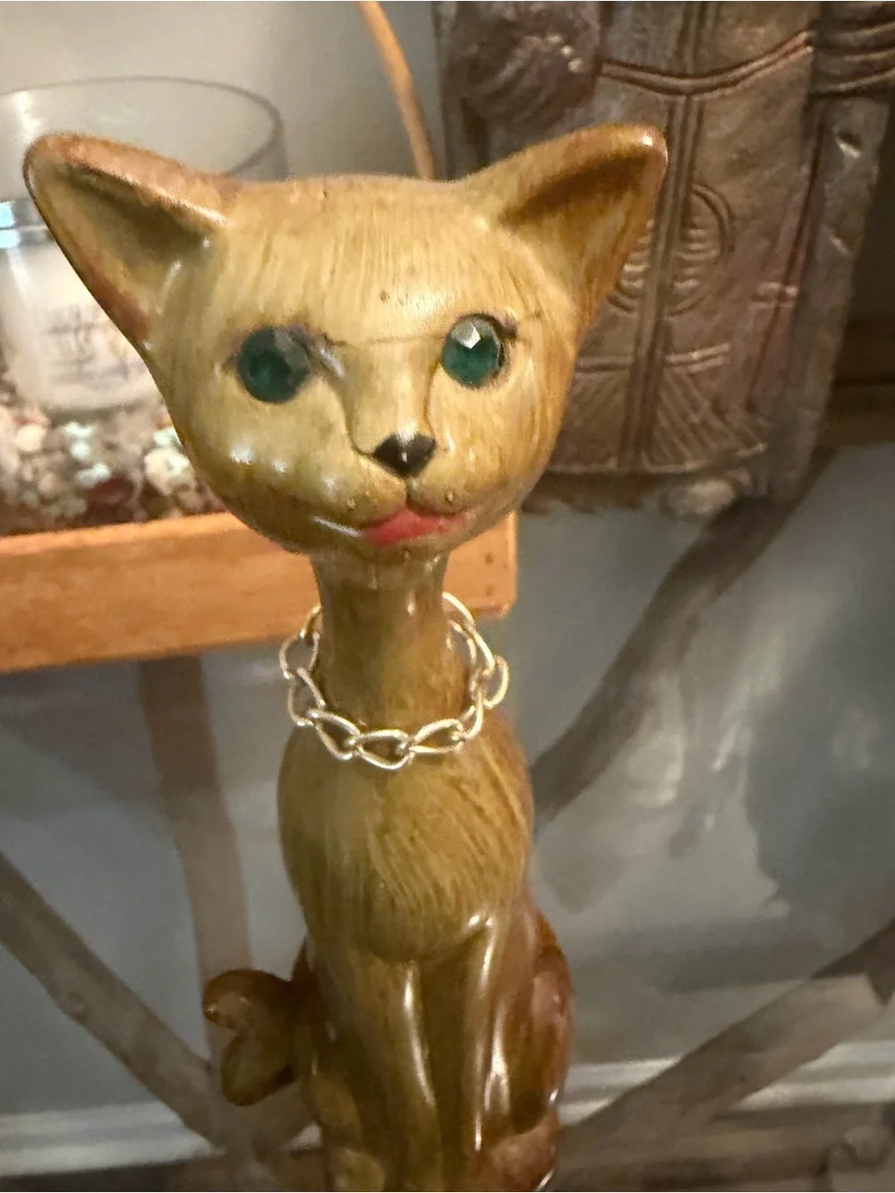 Vintage Decorative Cat Figurine w green gem eyes and necklace. Wood.